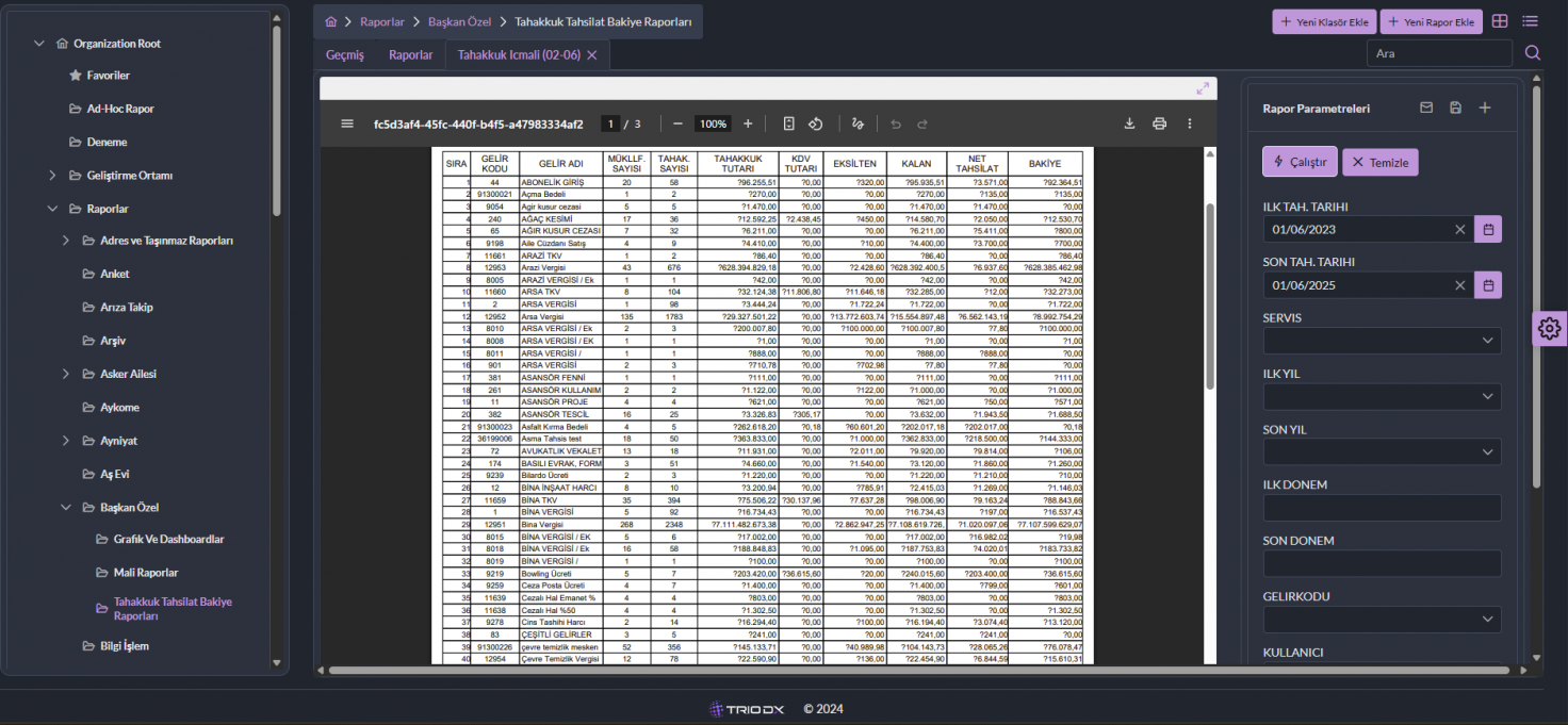 Raporlama ekran görüntüsü